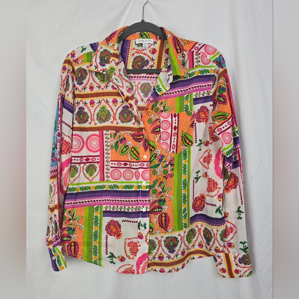 Lucky & Coco Button Up Multicolored Vibrant Boho Floral Top Women's sz M